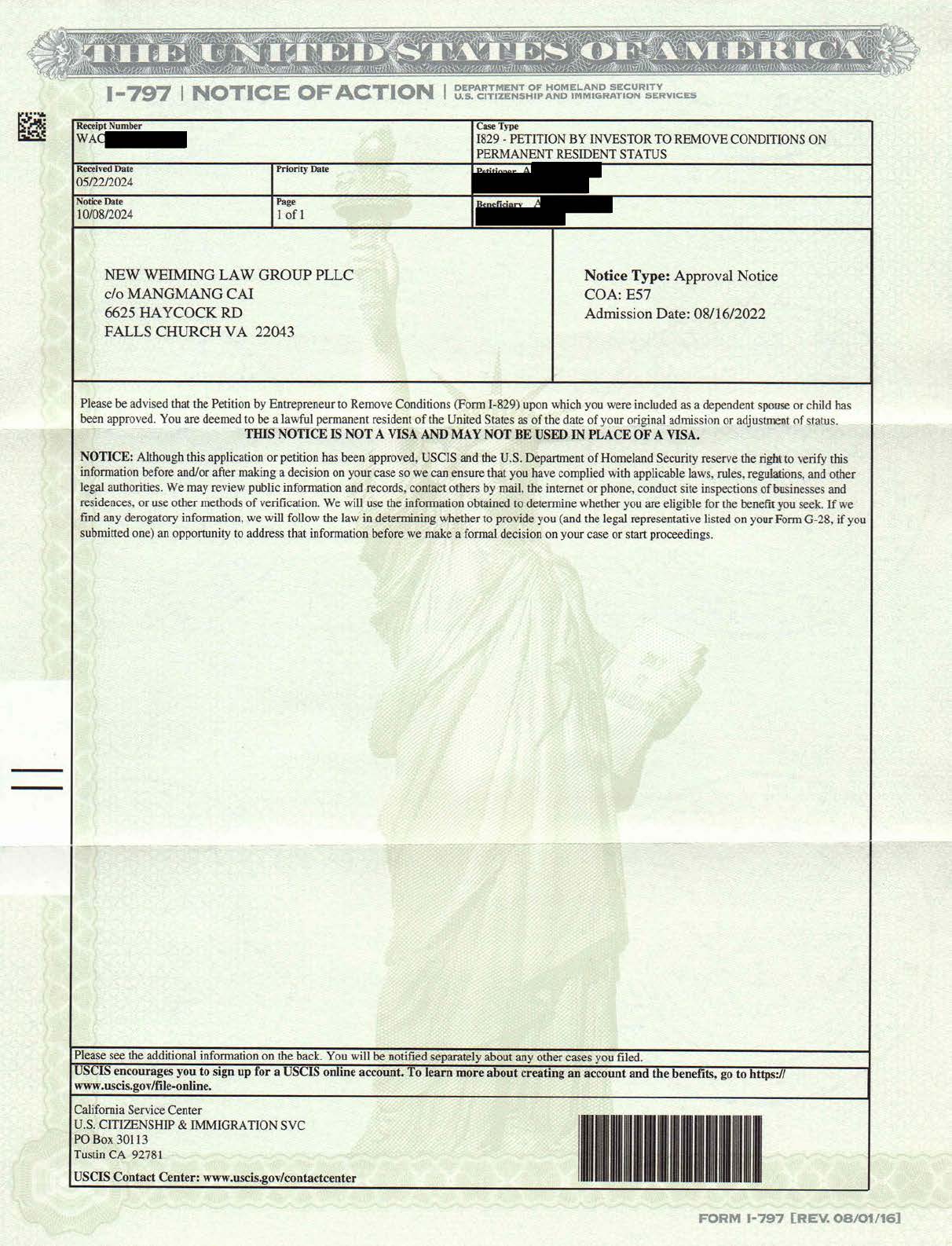 I 829 Approval Notice Redacted 2